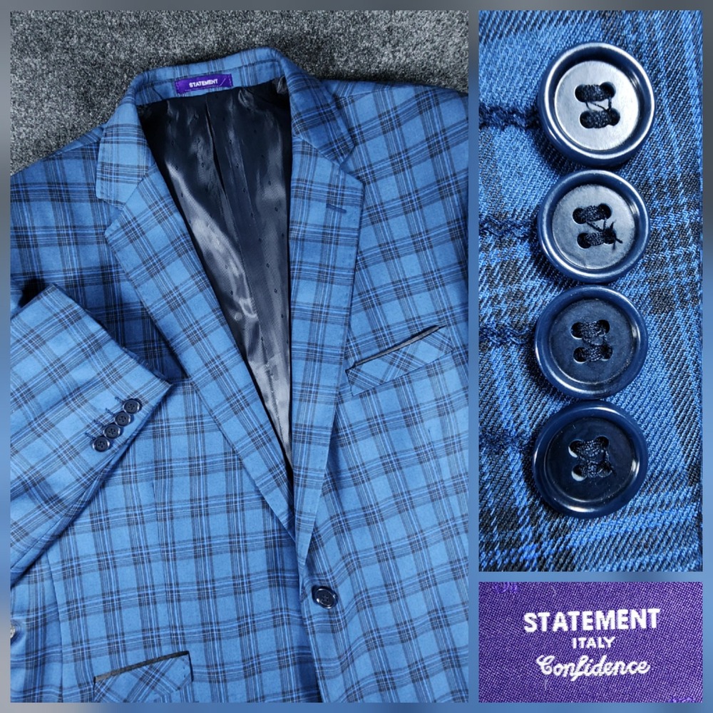 Statement Sport Coat Mens 50L Blue Glen Plaid 100% Wool Handmade Italy Blazer